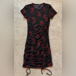 Short sleeve bodycon dress, black with red tiger details, size M